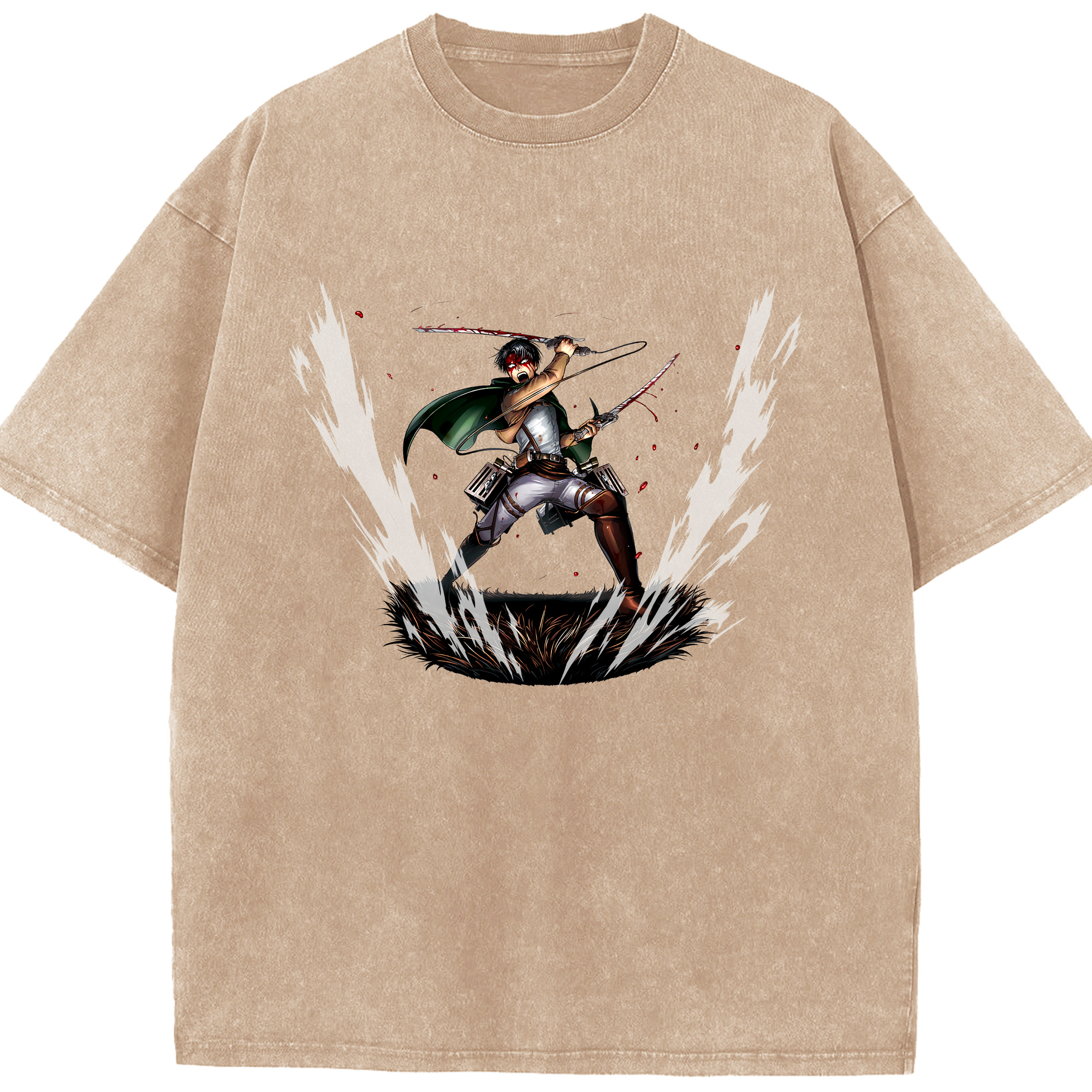 （画像用） 進撃の巨人 リヴァイ·アッカーマン Attack on Titan Levi Ackerman 綿100% ヴィンテージ風 半袖Tシャツ（フロントプリント）