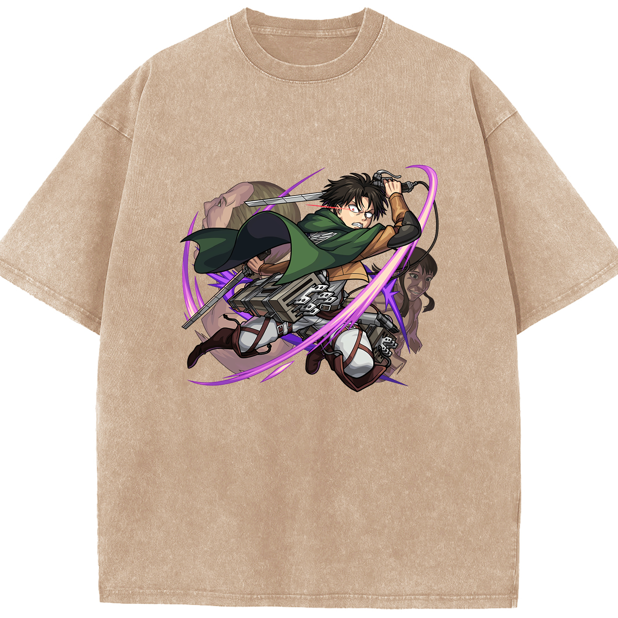 （画像用） 進撃の巨人 リヴァイ·アッカーマン Attack on Titan Levi Ackerman 綿100% ヴィンテージ風 半袖Tシャツ（フロントプリント）