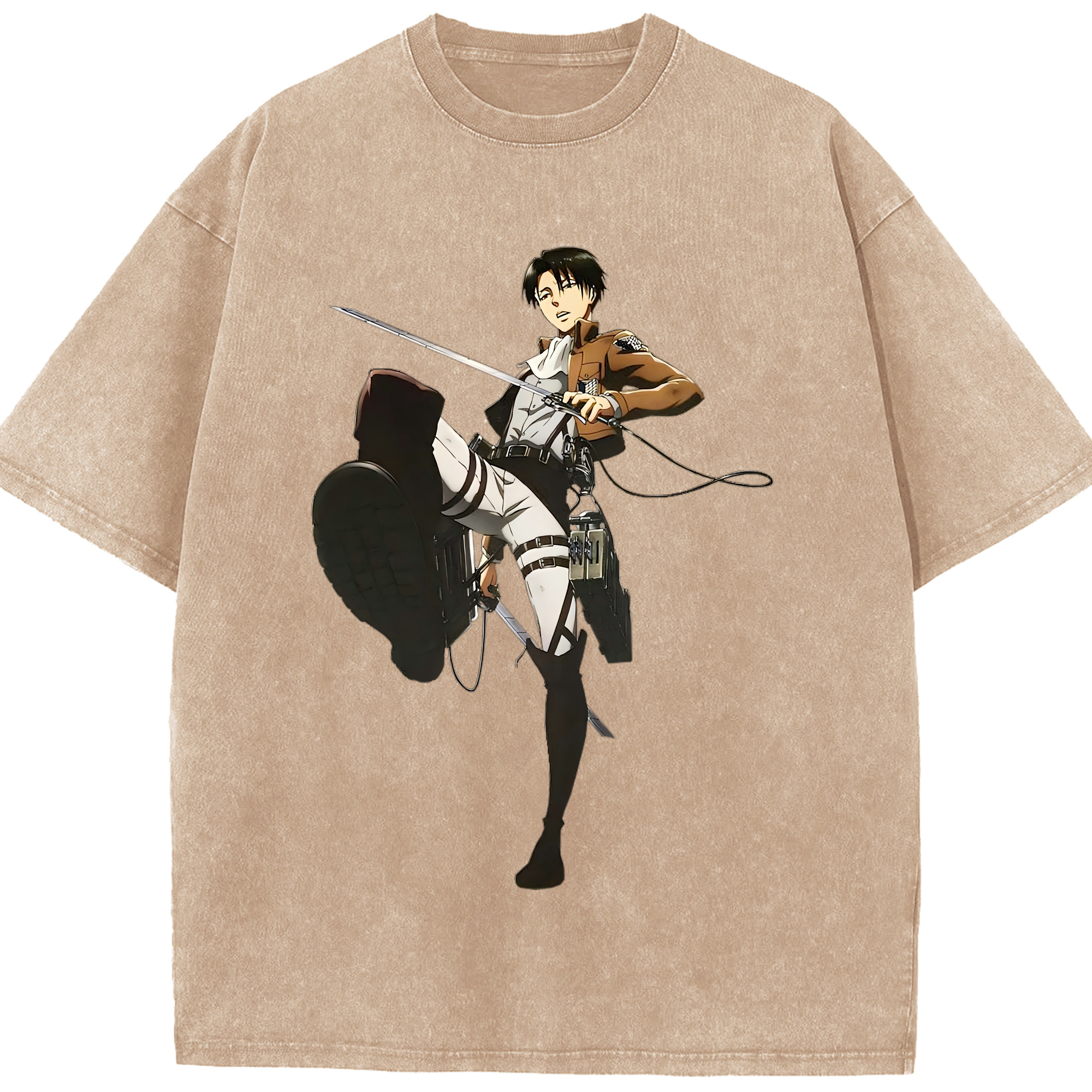 （画像用） 進撃の巨人 リヴァイ·アッカーマン Attack on Titan Levi Ackerman 綿100% ヴィンテージ風 半袖Tシャツ（フロントプリント）