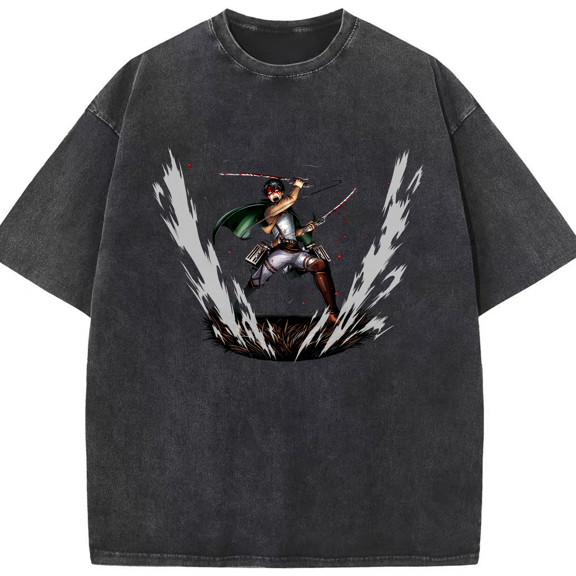 （画像用） 進撃の巨人 リヴァイ·アッカーマン Attack on Titan Levi Ackerman 綿100% ヴィンテージ風 半袖Tシャツ（フロントプリント）