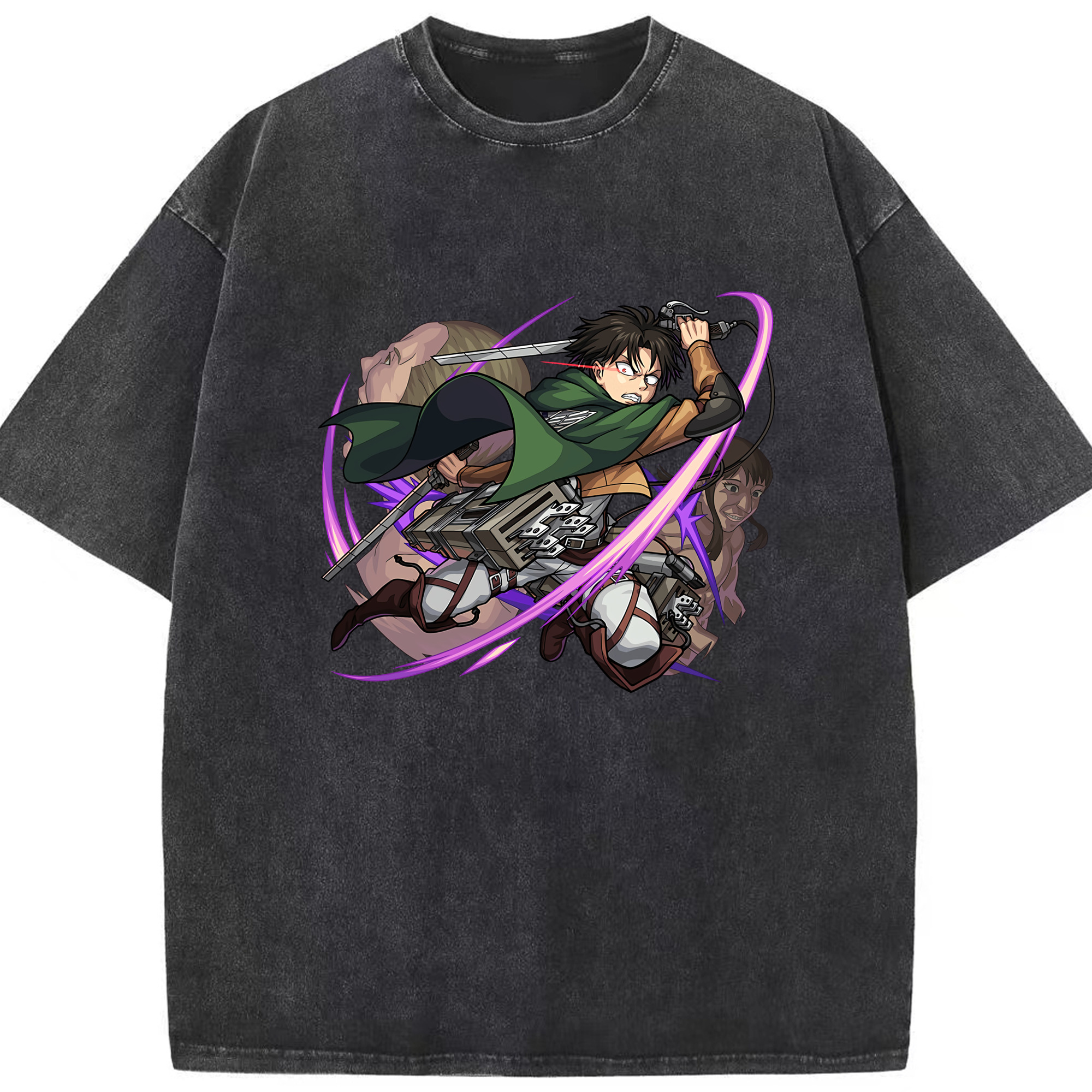 （画像用） 進撃の巨人 リヴァイ·アッカーマン Attack on Titan Levi Ackerman 綿100% ヴィンテージ風 半袖Tシャツ（フロントプリント）