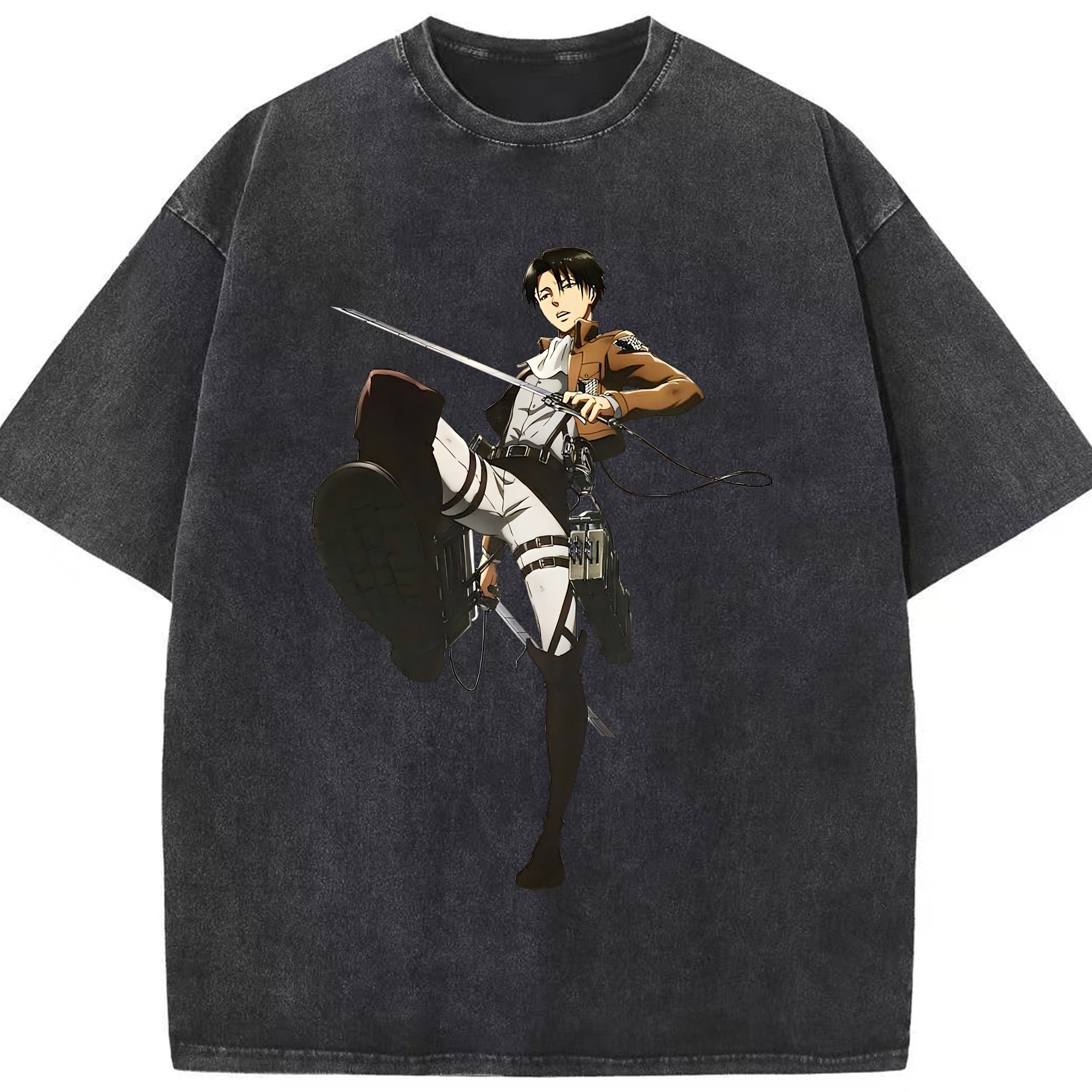 （画像用） 進撃の巨人 リヴァイ·アッカーマン Attack on Titan Levi Ackerman 綿100% ヴィンテージ風 半袖Tシャツ（フロントプリント）