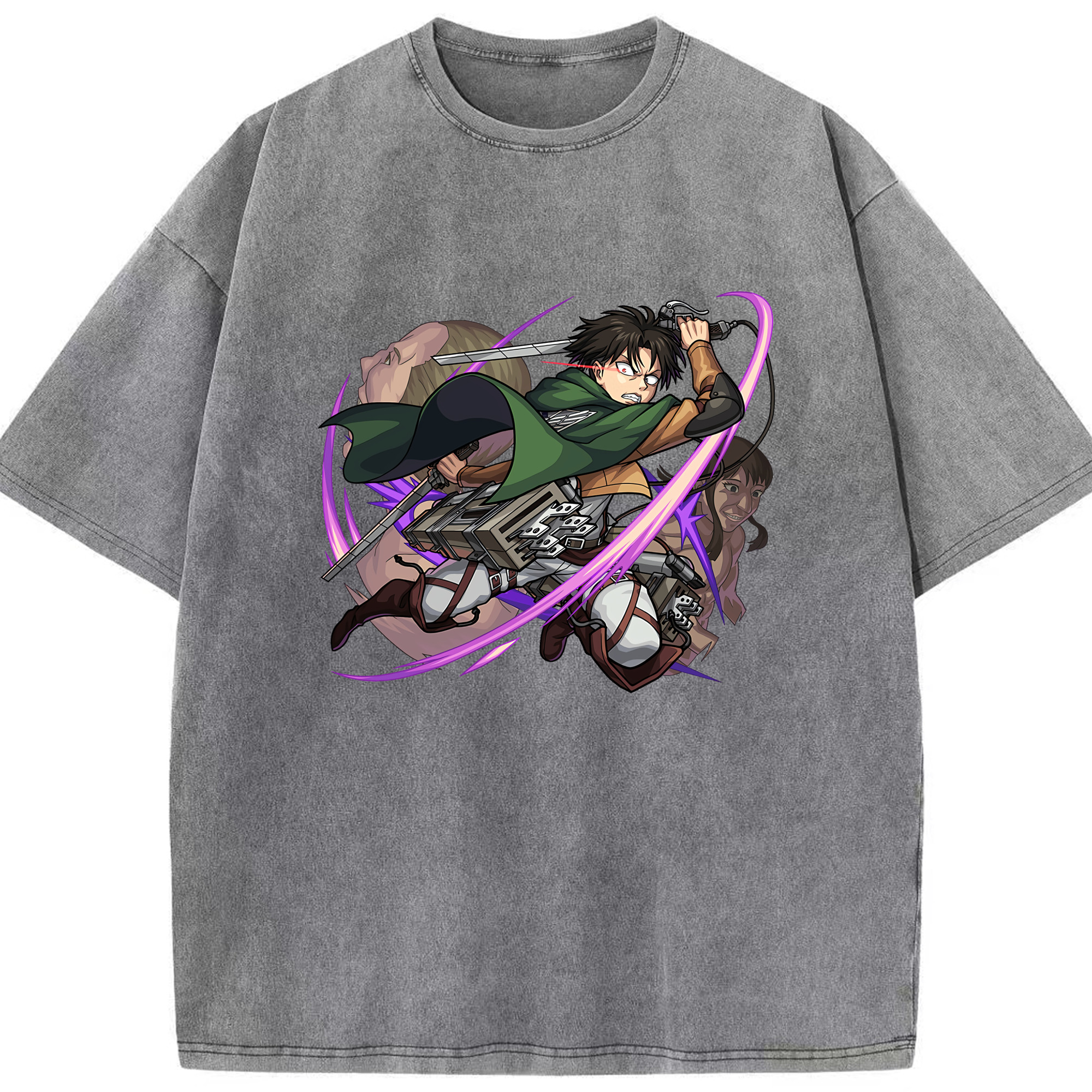 （画像用） 進撃の巨人 リヴァイ·アッカーマン Attack on Titan Levi Ackerman 綿100% ヴィンテージ風 半袖Tシャツ（フロントプリント）