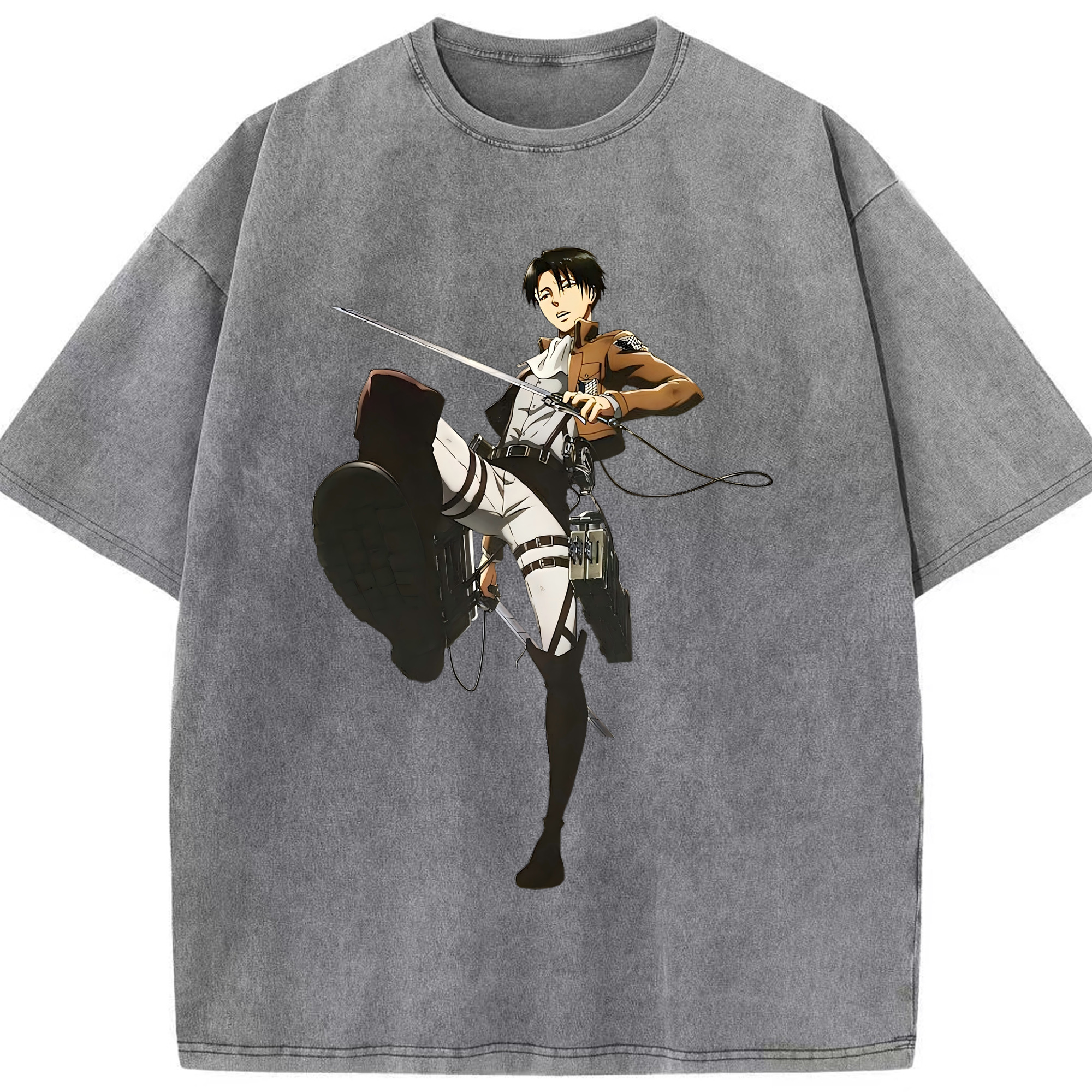 （画像用） 進撃の巨人 リヴァイ·アッカーマン Attack on Titan Levi Ackerman 綿100% ヴィンテージ風 半袖Tシャツ（フロントプリント）