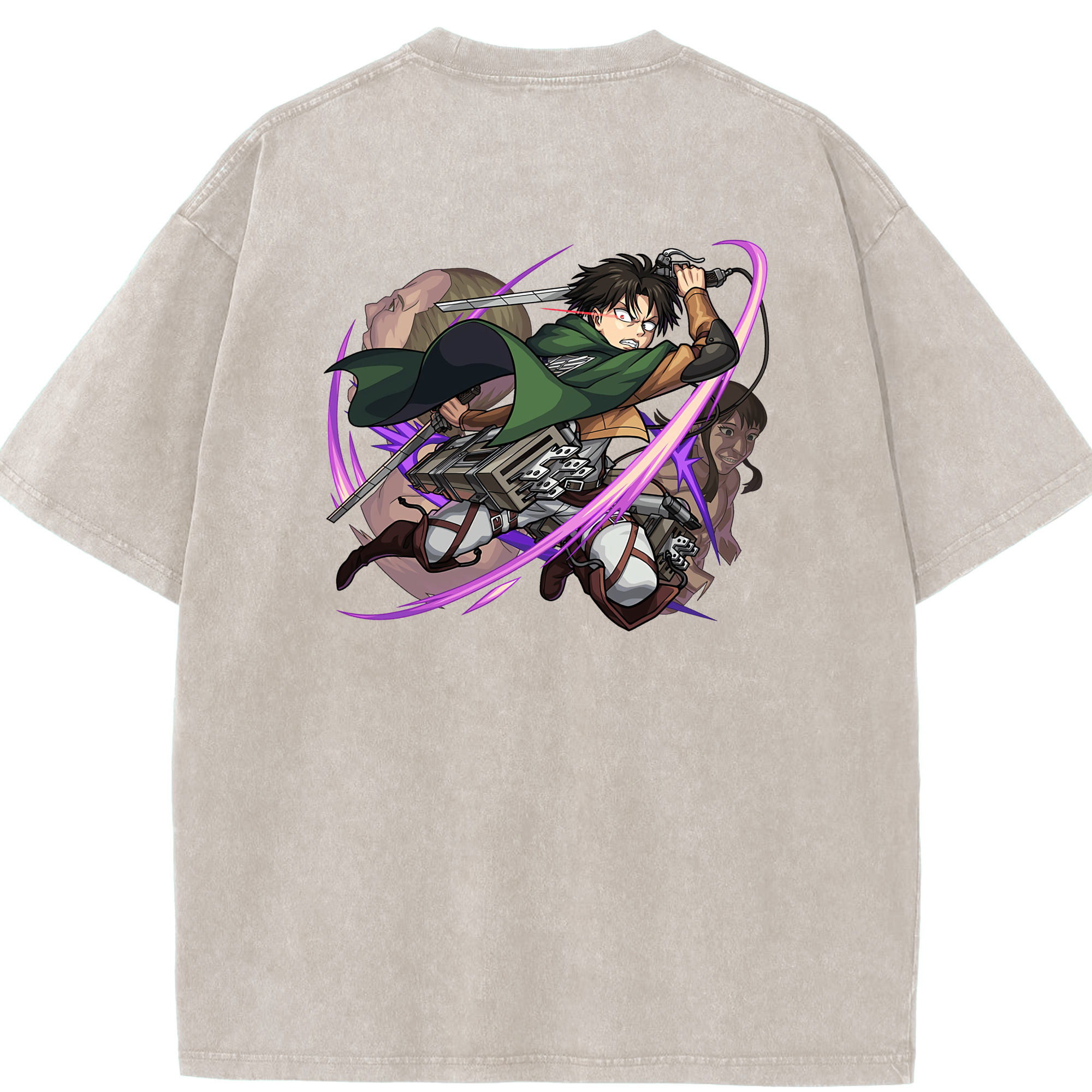 （画像用） 進撃の巨人 リヴァイ·アッカーマン Attack on Titan Levi Ackerman 綿100% ヴィンテージ風 半袖Tシャツ（背面プリント）