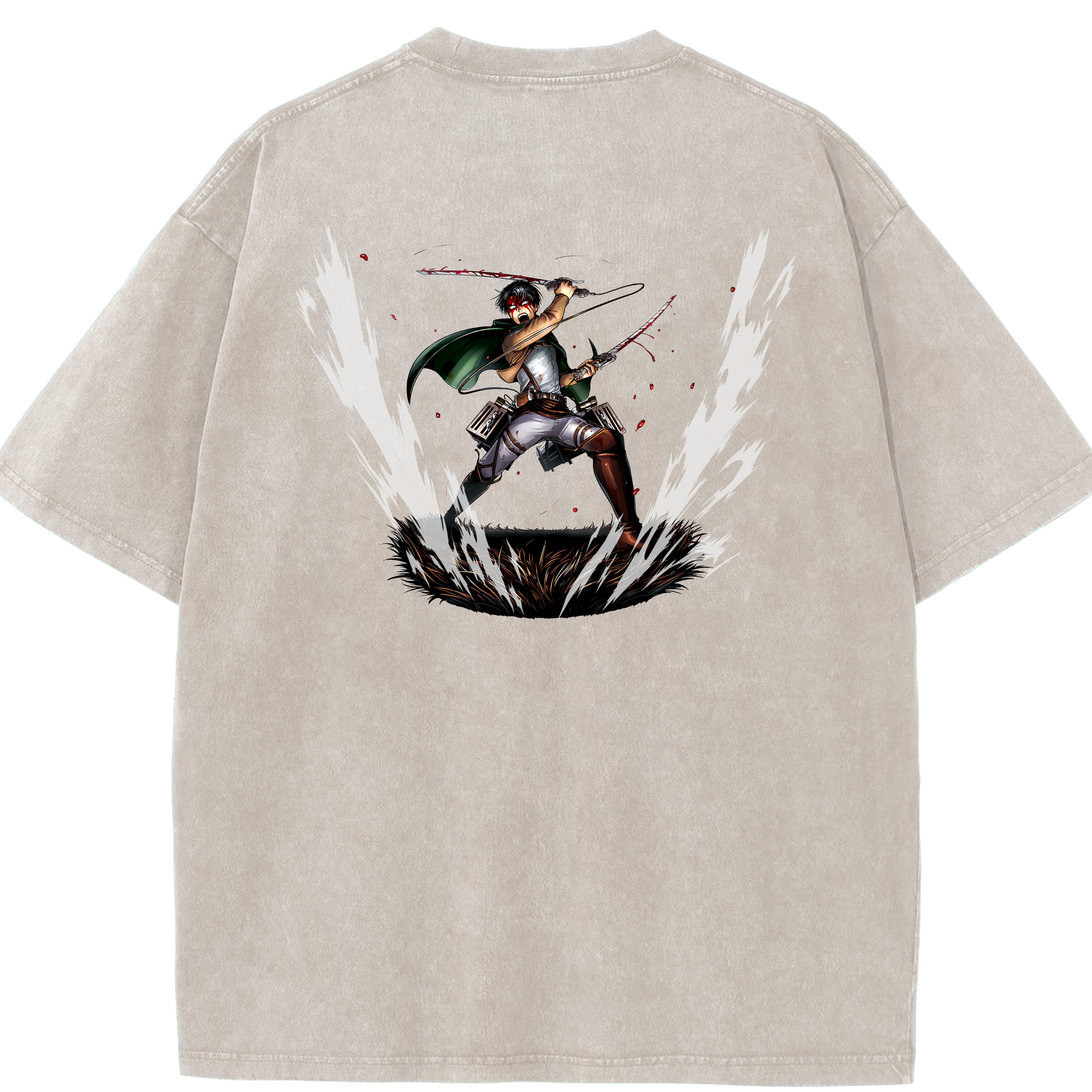 （画像用） 進撃の巨人 リヴァイ·アッカーマン Attack on Titan Levi Ackerman 綿100% ヴィンテージ風 半袖Tシャツ（背面プリント）