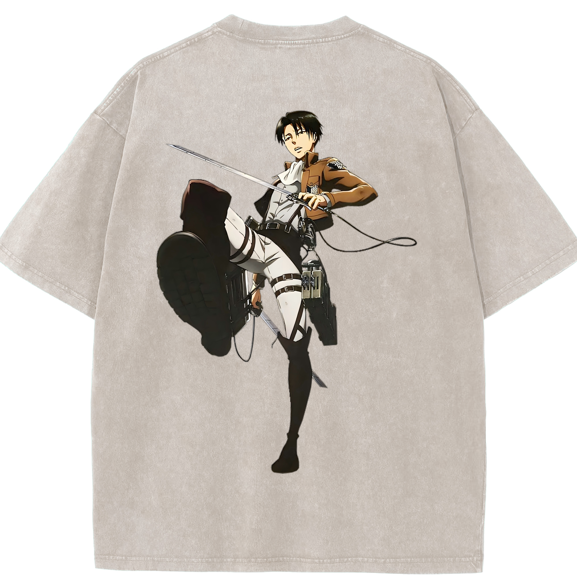 （画像用） 進撃の巨人 リヴァイ·アッカーマン Attack on Titan Levi Ackerman 綿100% ヴィンテージ風 半袖Tシャツ（背面プリント）