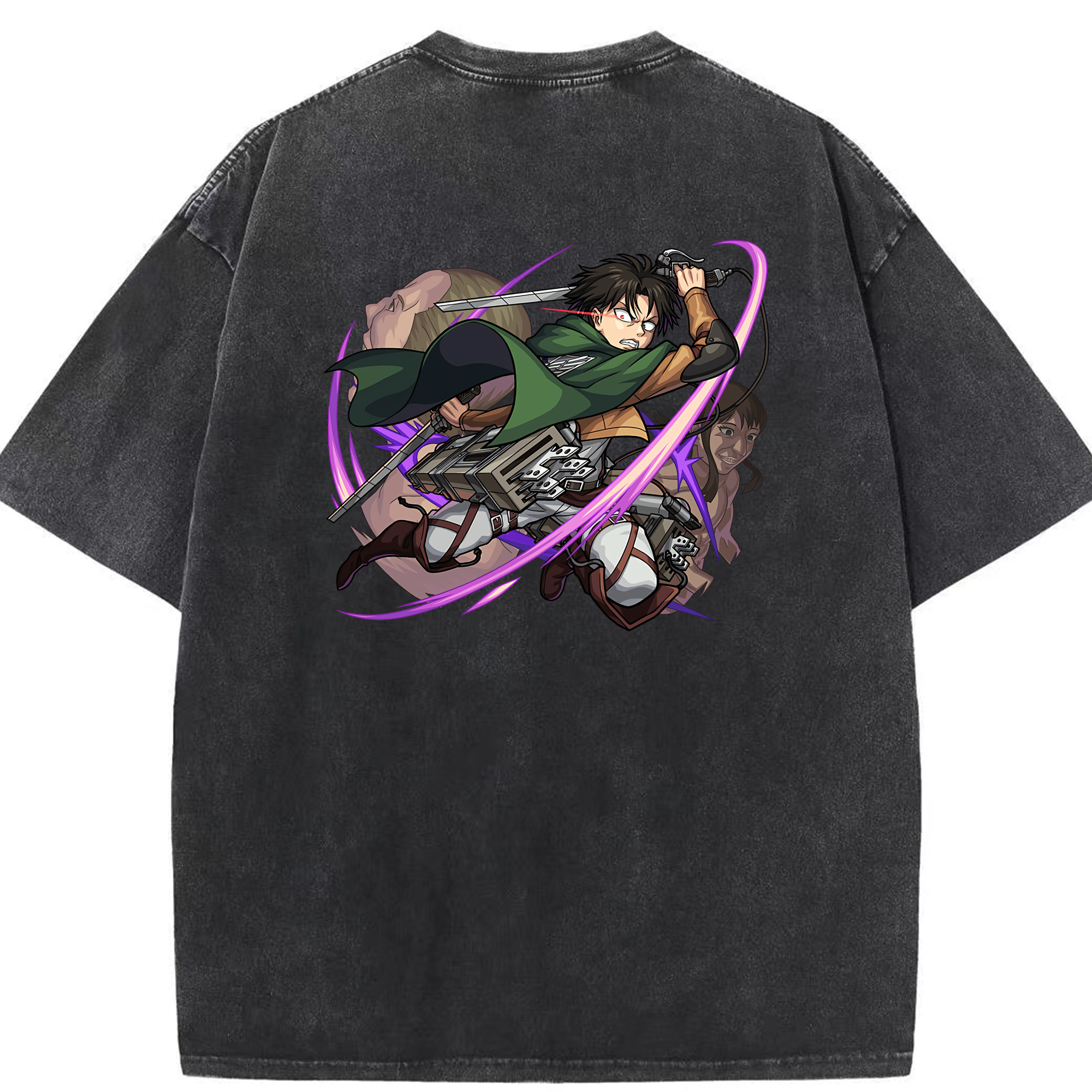 （画像用） 進撃の巨人 リヴァイ·アッカーマン Attack on Titan Levi Ackerman 綿100% ヴィンテージ風 半袖Tシャツ（背面プリント）