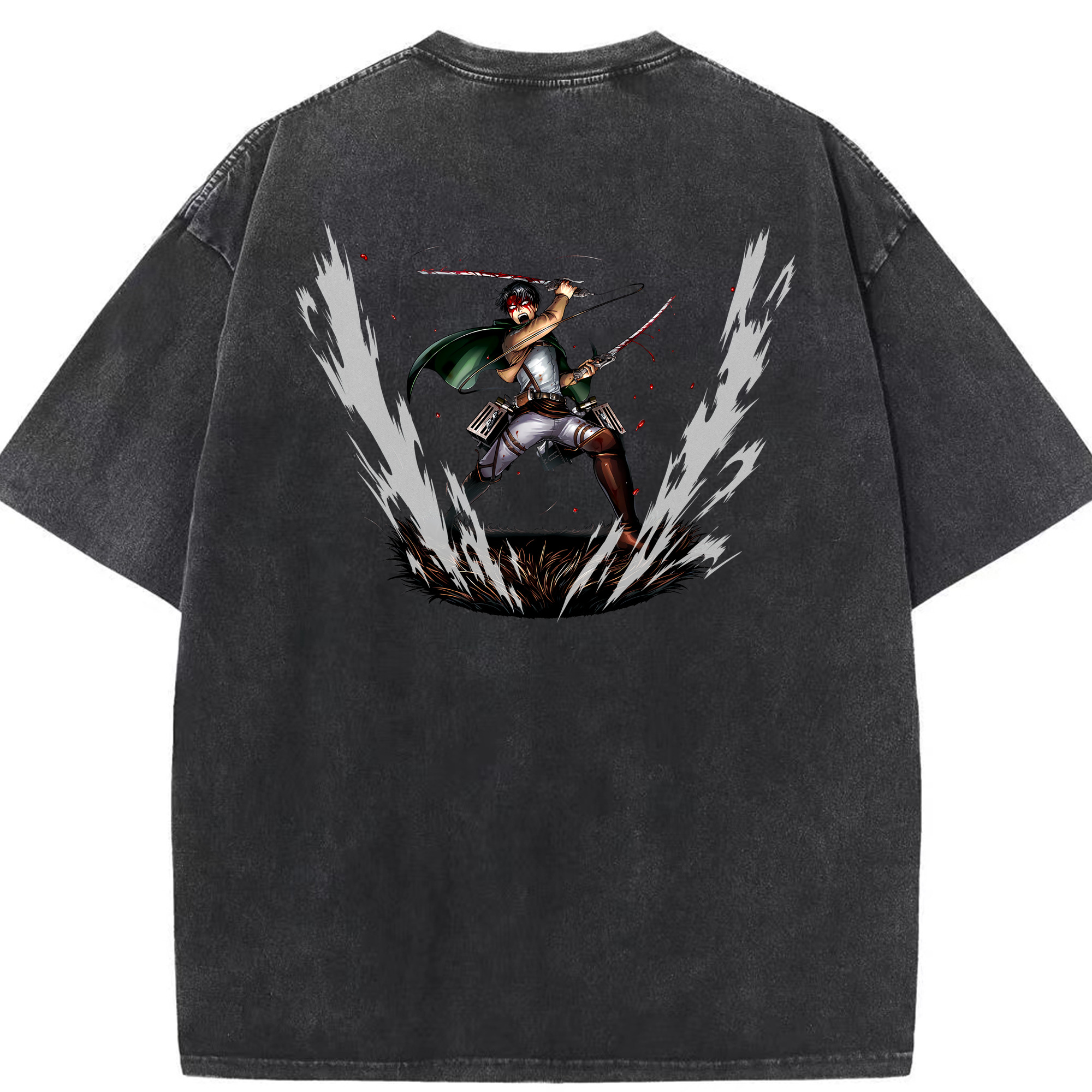 （画像用） 進撃の巨人 リヴァイ·アッカーマン Attack on Titan Levi Ackerman 綿100% ヴィンテージ風 半袖Tシャツ（背面プリント）
