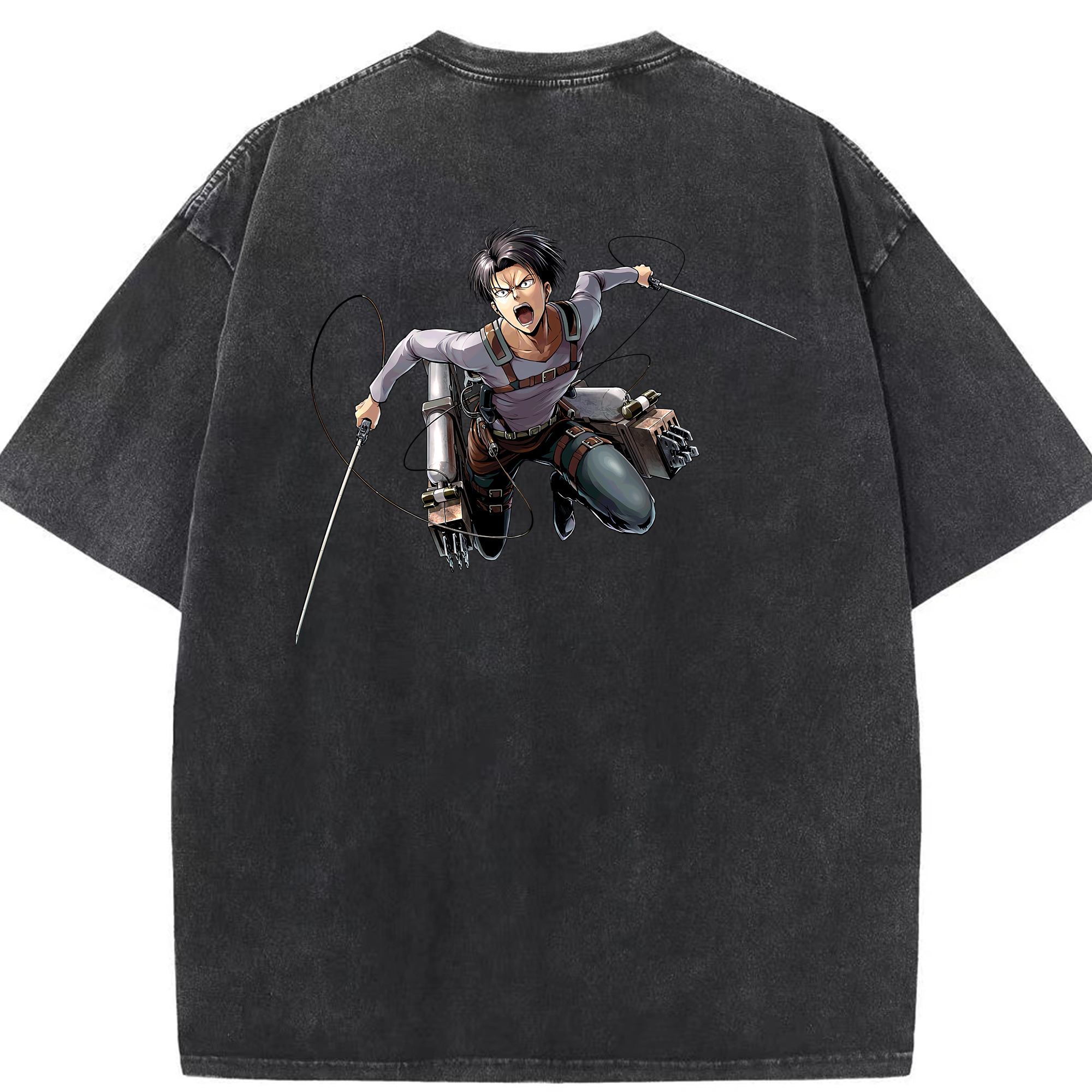（画像用） 進撃の巨人 リヴァイ·アッカーマン Attack on Titan Levi Ackerman 綿100% ヴィンテージ風 半袖Tシャツ（背面プリント）