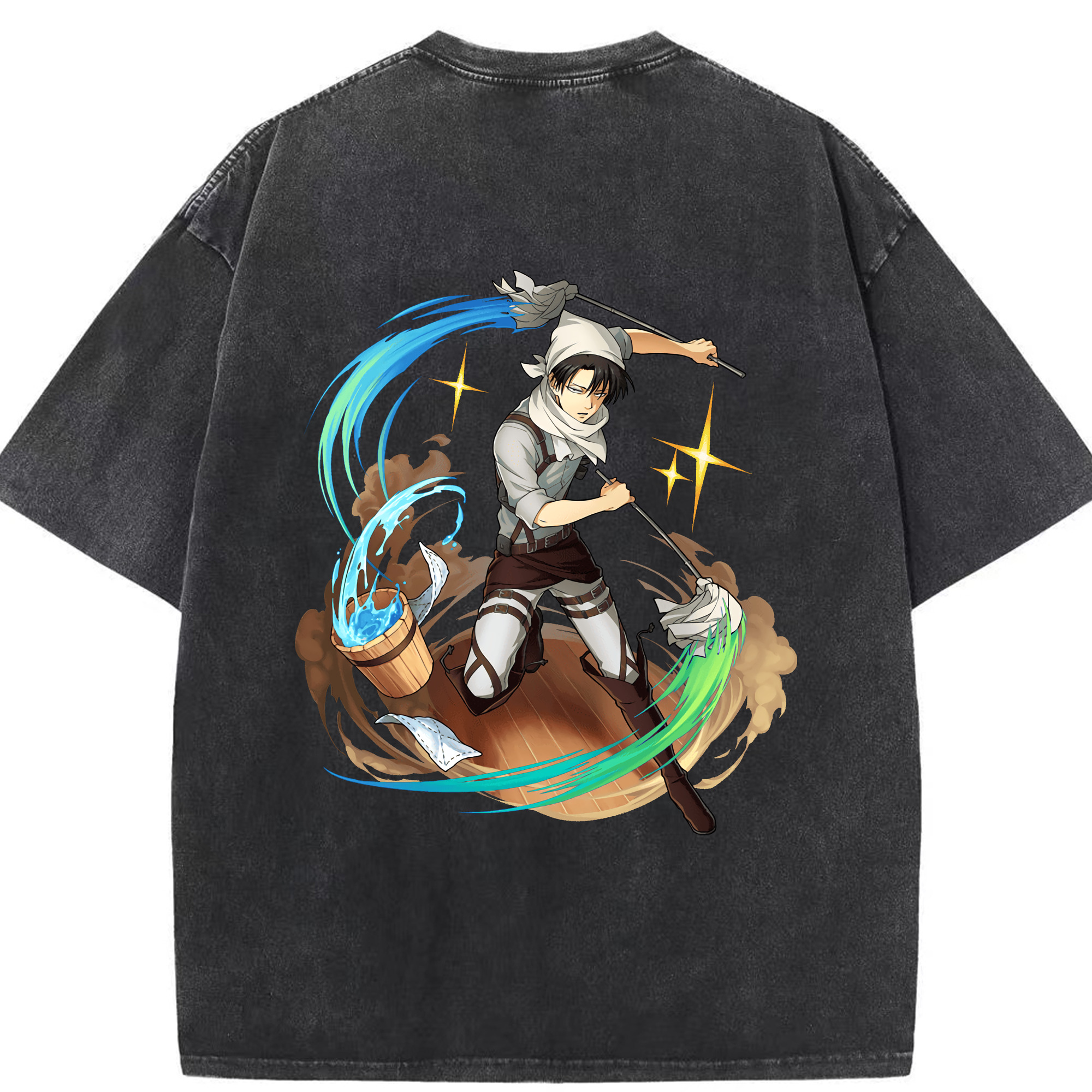 （画像用） 進撃の巨人 リヴァイ·アッカーマン Attack on Titan Levi Ackerman 綿100% ヴィンテージ風 半袖Tシャツ（背面プリント）