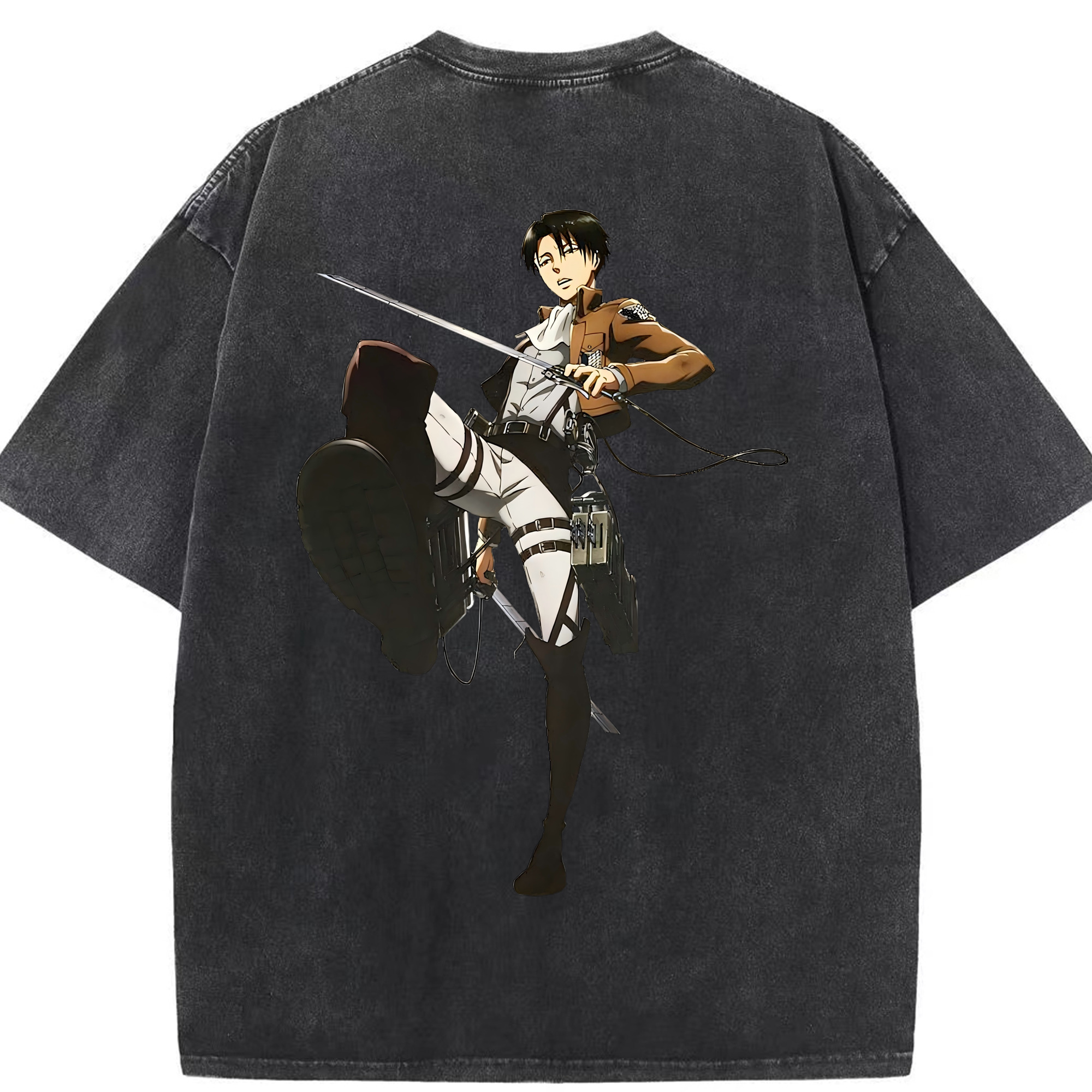 （画像用） 進撃の巨人 リヴァイ·アッカーマン Attack on Titan Levi Ackerman 綿100% ヴィンテージ風 半袖Tシャツ（背面プリント）
