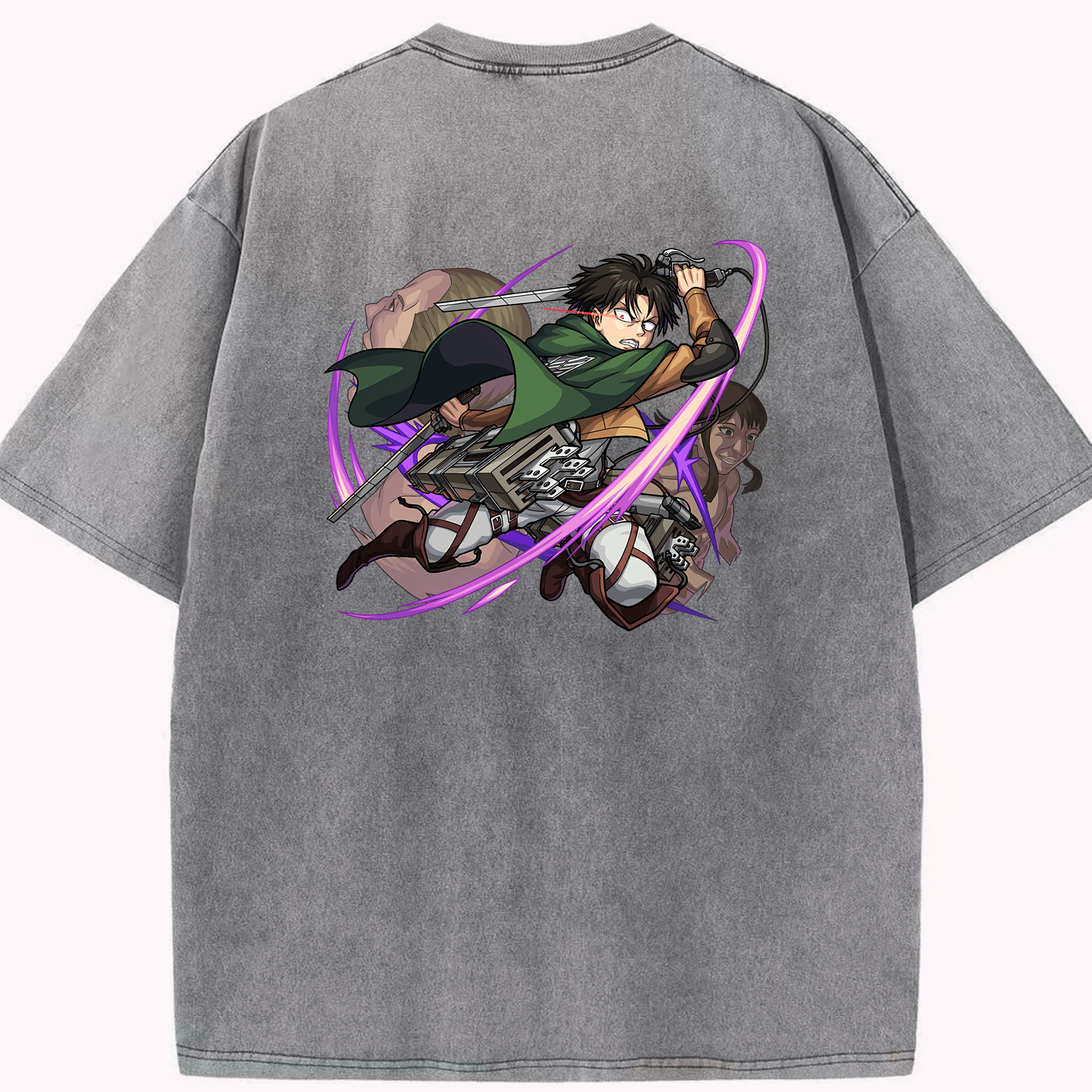 （画像用） 進撃の巨人 リヴァイ·アッカーマン Attack on Titan Levi Ackerman 綿100% ヴィンテージ風 半袖Tシャツ（背面プリント）