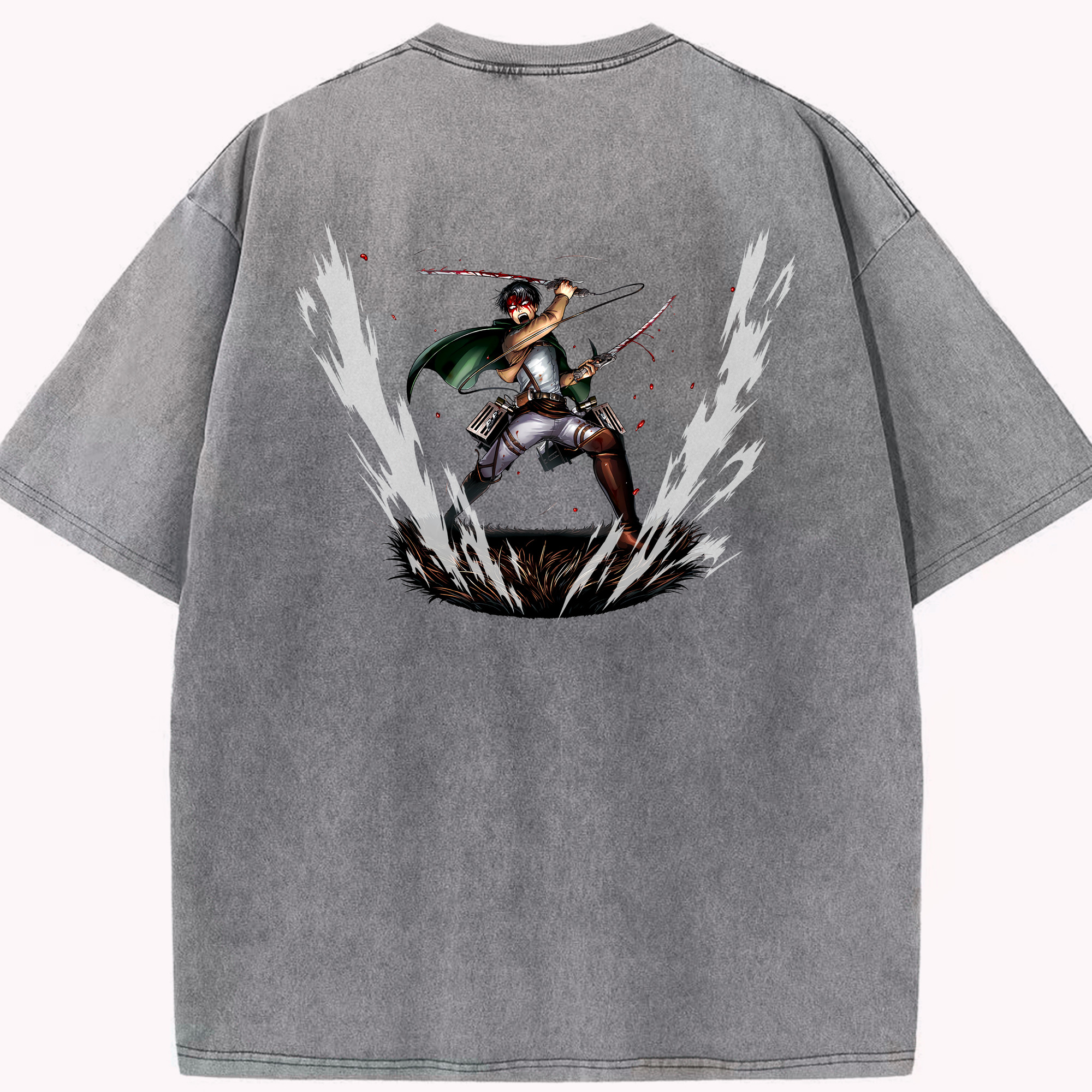 （画像用） 進撃の巨人 リヴァイ·アッカーマン Attack on Titan Levi Ackerman 綿100% ヴィンテージ風 半袖Tシャツ（背面プリント）