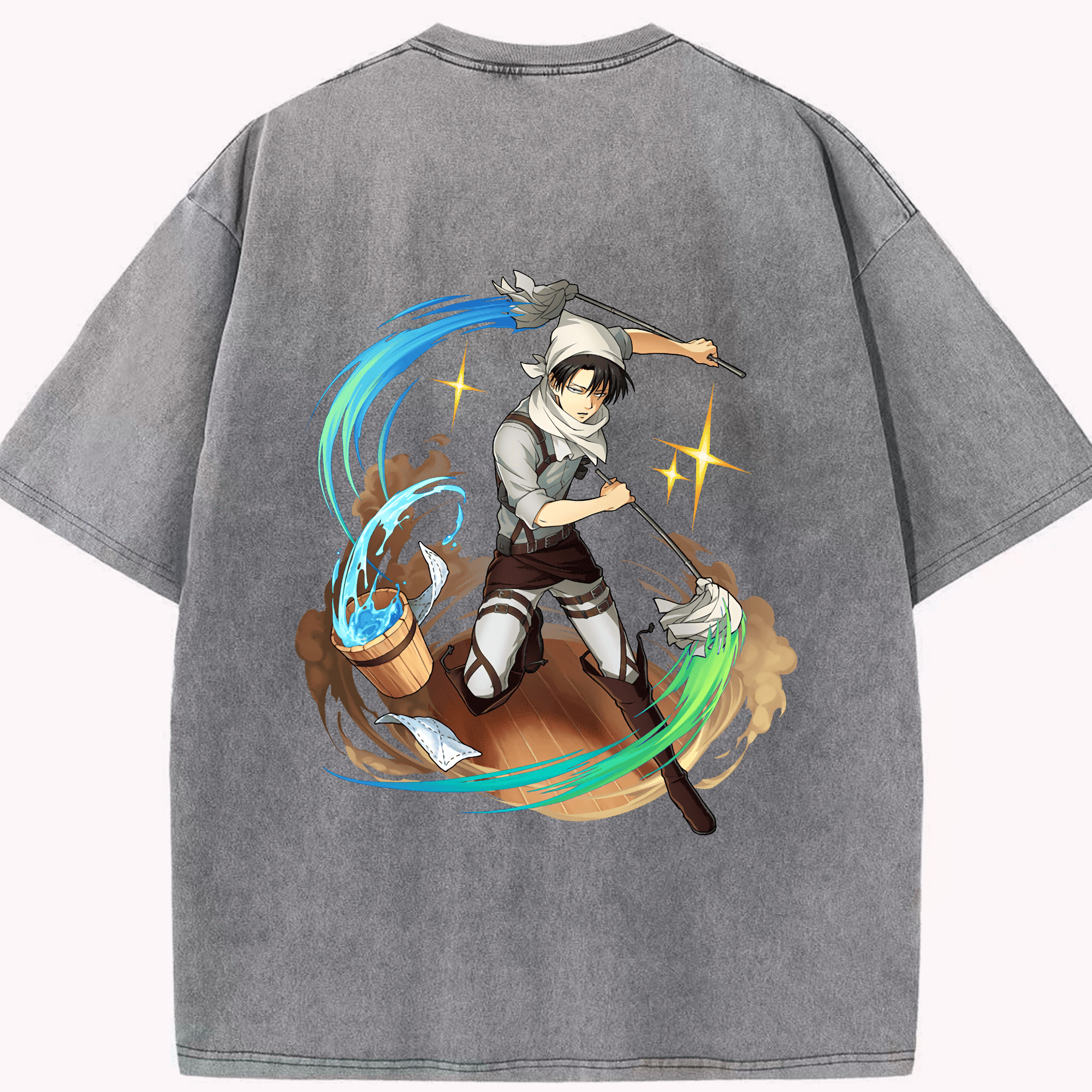 （画像用） 進撃の巨人 リヴァイ·アッカーマン Attack on Titan Levi Ackerman 綿100% ヴィンテージ風 半袖Tシャツ（背面プリント）