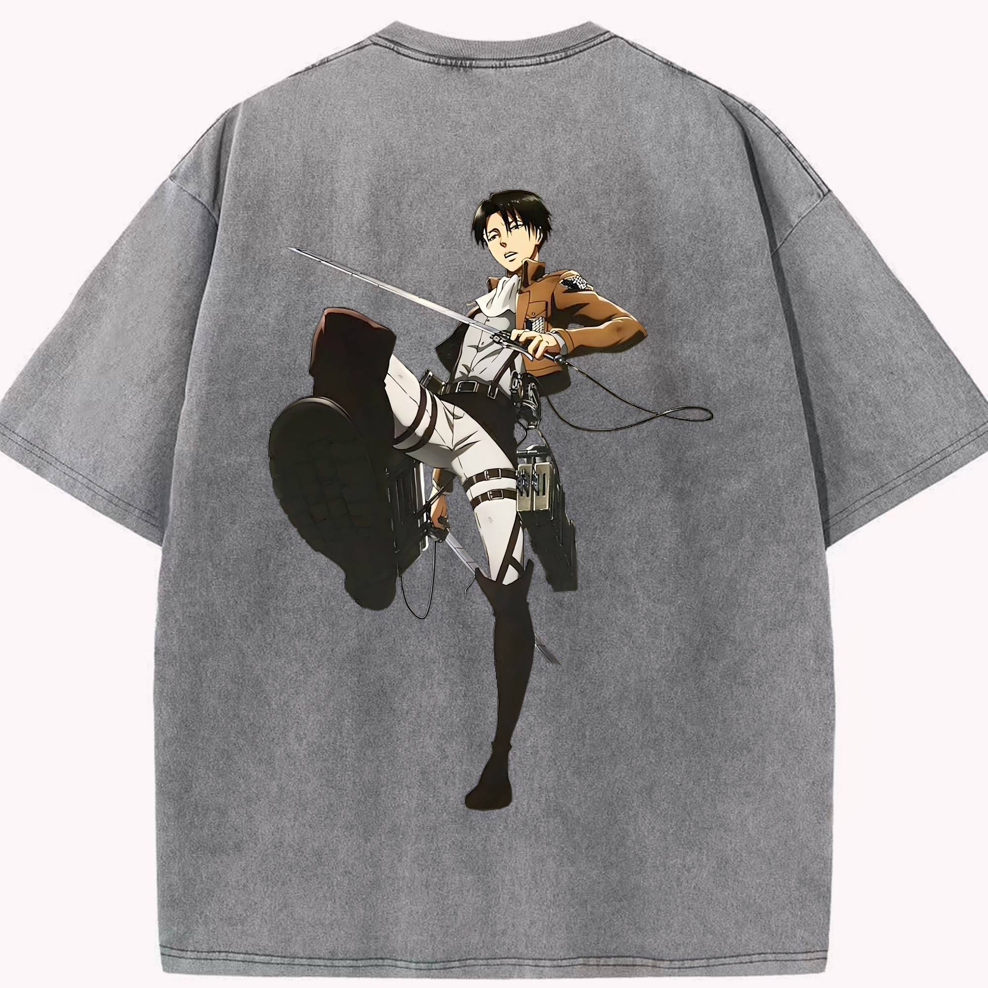 （画像用） 進撃の巨人 リヴァイ·アッカーマン Attack on Titan Levi Ackerman 綿100% ヴィンテージ風 半袖Tシャツ（背面プリント）